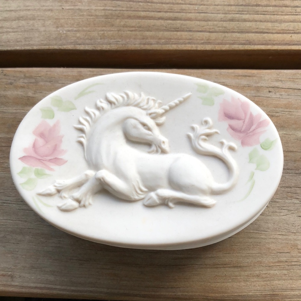 Porcelain Unicorn Trinket Box Oval Floral Flint Michigan